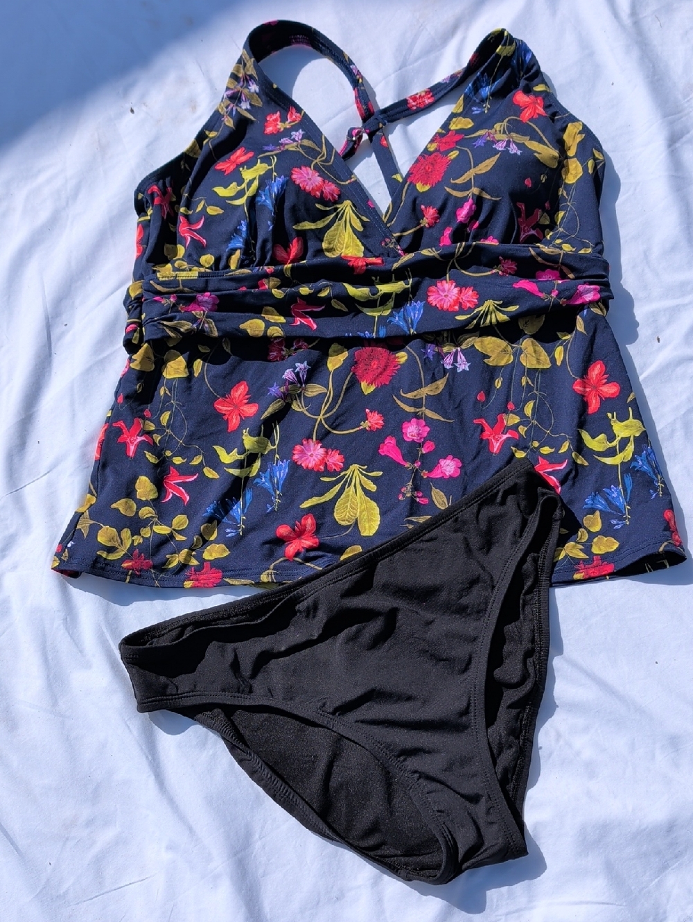Lands' End Navy Floral Tankini Top with Black Bottom